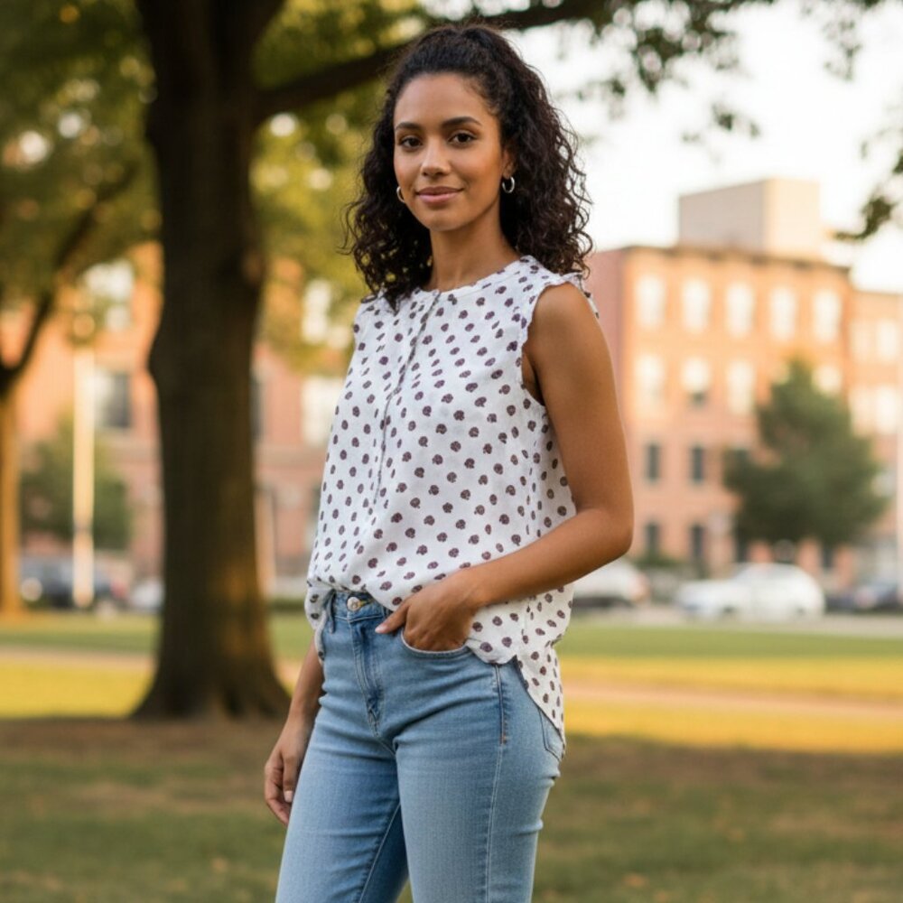 ⭐ Ann Taylor LOFT Outlet White Floral Henley Top With Ruffle Sleeves XS